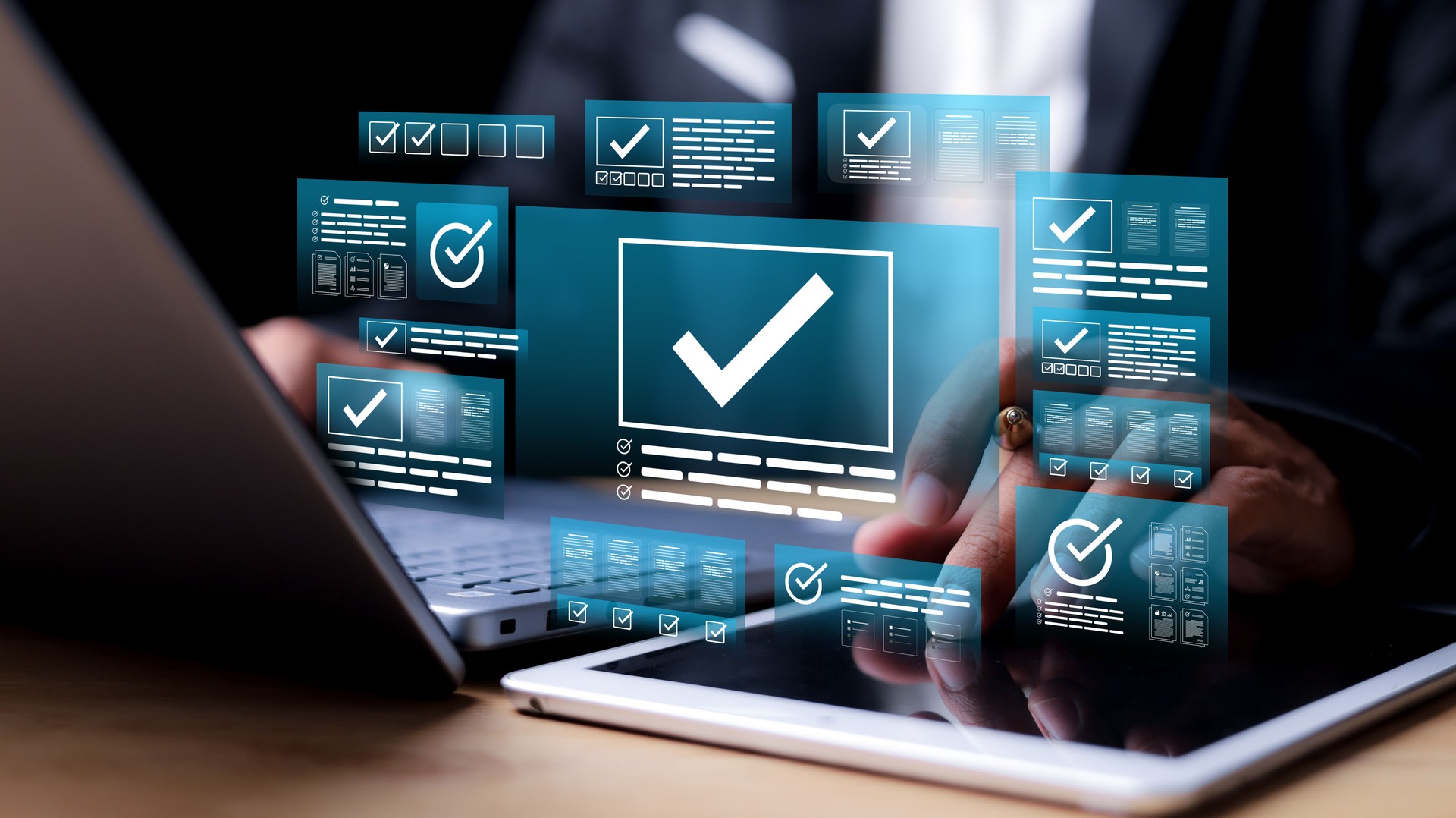 Businessman validating digital documents using futuristic interface with checkmark icons, quality assurance system, compliance review, and document verification.